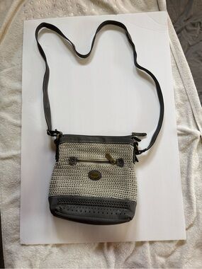 Crossbody Shoulder Bag - Beige Woven with Gray Trim